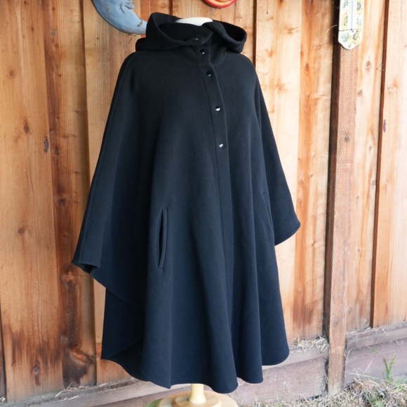 Vintage Black Hooded Wool Cape Button Down Made In France OS - Picture 12 of 17